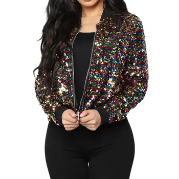 

Women Bomber Jacket Colorful Sequin Glitter Bling Bling Long Sleeve Zipper Cool Street Club Wear Spring Autumn Outwear