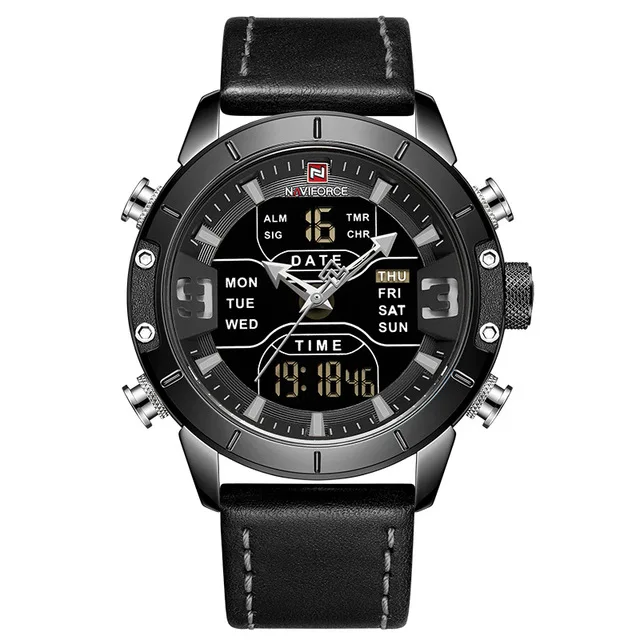 black-Leather NAVIFORCE мужские часы топ люксовый бренд мужские спортивные часы мужские кварцевые светодиодный цифровые часы мужские полностью стальные военные наручные часы - Цвет: black-Leather