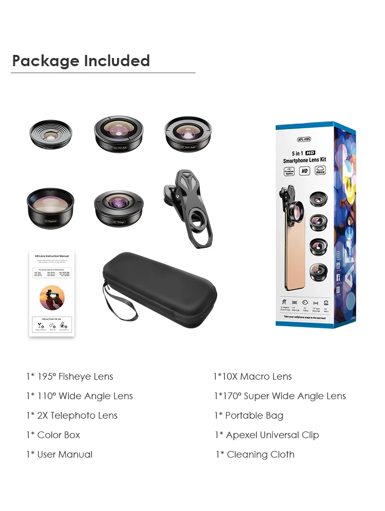 wide angle lens for mobile APEXEL HD 4K 5in1 Phone Lens Kit Phtography Macro Lens 110 170 Degree Super Wide Angle 2X Telephoto Lens With CPL Star Filters 20x zoom lens for mobile