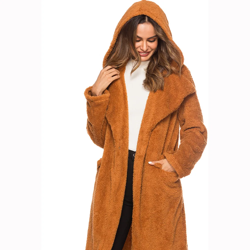 Элегантное длинное женское пальто с отворотом, 2 кармана, свободные однотонные куртки, пальто, женская верхняя одежда, с капюшоном, шерсть и смеси, зима - Цвет: brown