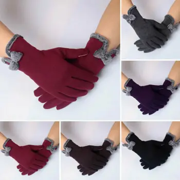 

Womens Ladies Bow Fleece Lined Warm Thick Touch Screen Full Finger Winter Gloves