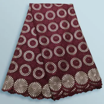 

100% Cotton African lace Fabric Swiss Voile Lace in Red color high quality dry lace with stones 5yards/lot DG4546