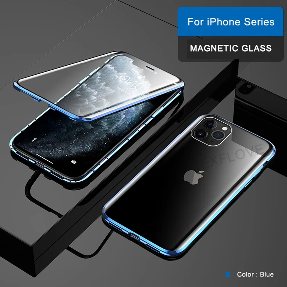 Blue 360 брендовый металлический чехол для iPhone 6 7 8 Plus XS XR MAX чехол Магнитный Роскошный чехол из закаленного стекла для Apple iPhone 11 Pro Max - Цвет: Blue