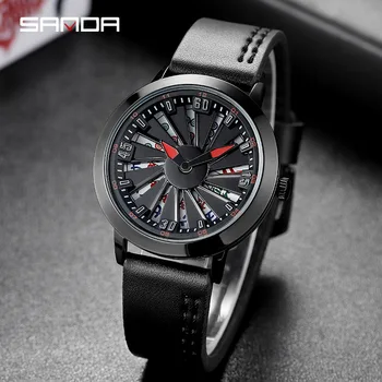 

Casual Leather Man Watch Fashion Cool Rotating Skeleton Dial Quartz Wristwatch Waterproof Clock Male reloj hombre marca de lujo