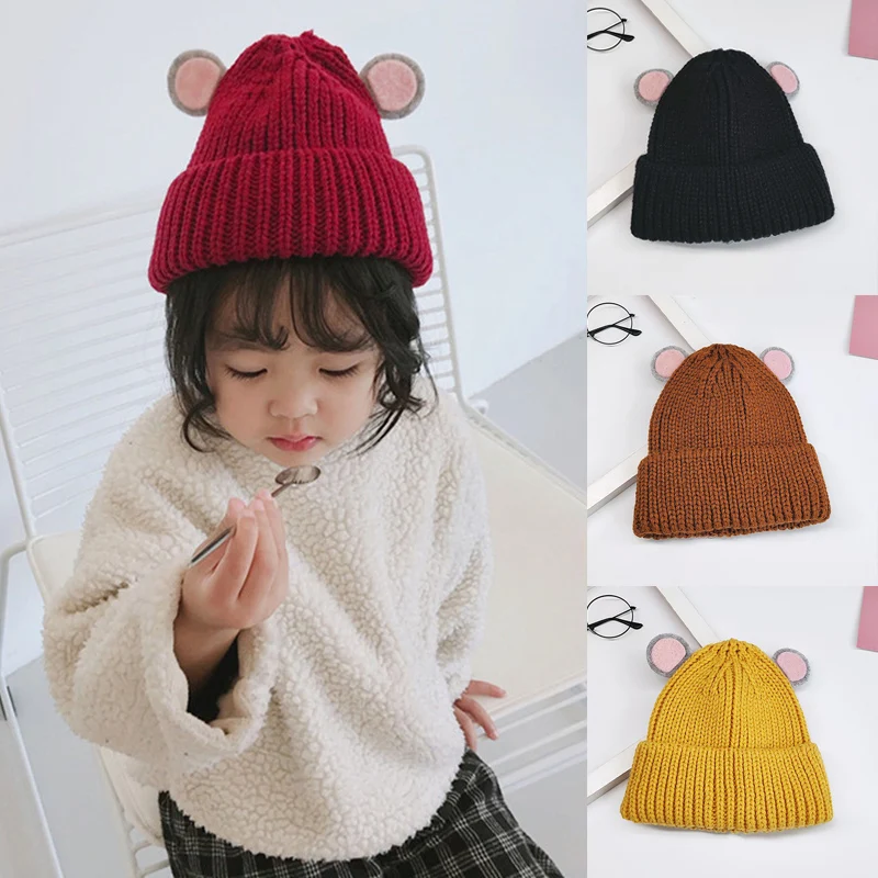 

7 Colors Newborn Cute Autumn Winter Warm Kids Baby Ear Design Hats Knitted Wool Hemming Capshot