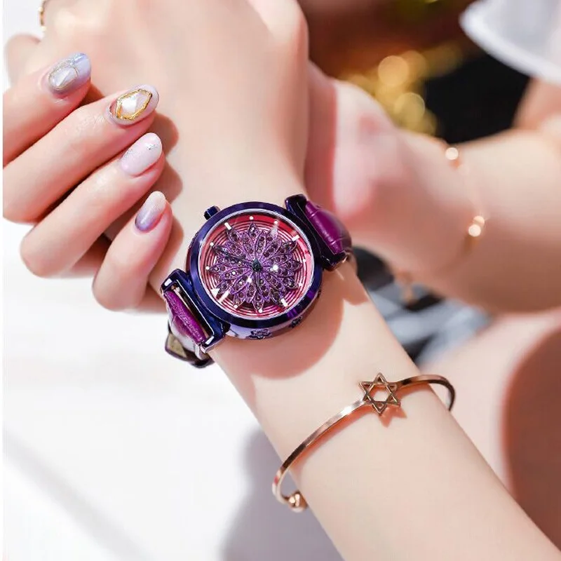 Creative Rotation Flower Women Watches Luxury Diamand Rose Gold Clock Leather Ladies Quartz Watch