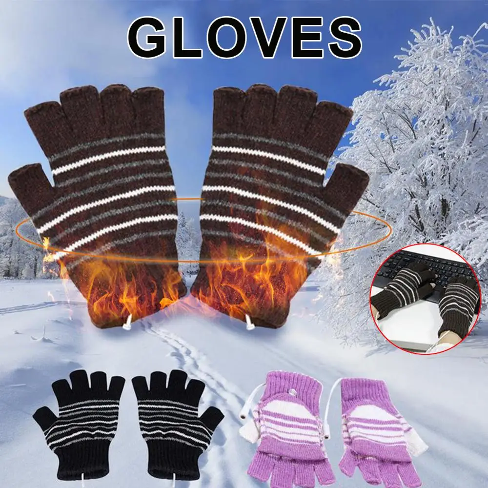 

USB Heated Half Finger Gloves Washable Fingerless Winter Knitted Gloves
