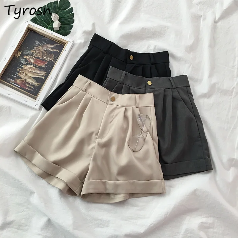 

Shorts Women Design Crimping Button Fly Wide Leg Trouser Streetwear High Waist Tailored Bottoms Elegant Casual Short Office Lady