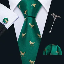 

Lapel Pin Green Gold Dinosaur Mens Necktie Handkerchief Cufflinks Set 8.5cm Neckpin Business Silk Ties For Men Barry.Wang Design