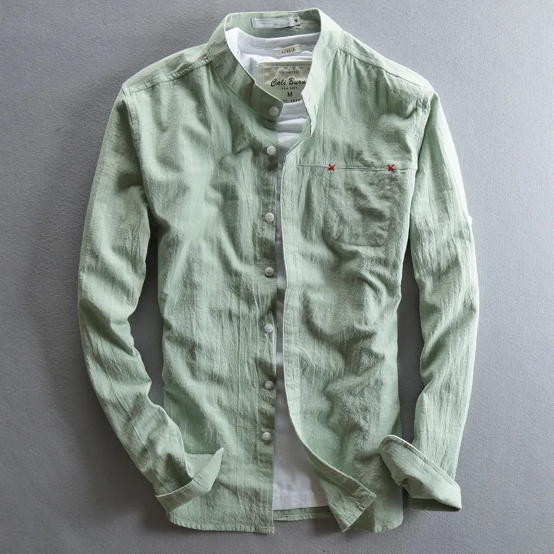

2020 Spring Summer Casual Cotton and Linen Shirts Men Chinese Style New Long Sleeve Stand Collar Thin Solid Slim Fit Shirt