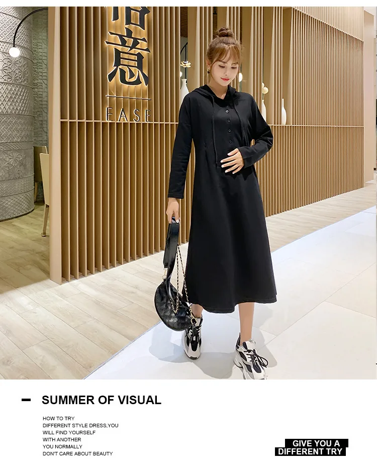 Korean style loose casual maternity nursing dress for pregnant women breastfeeding dress long sleeve hooded feeding dress