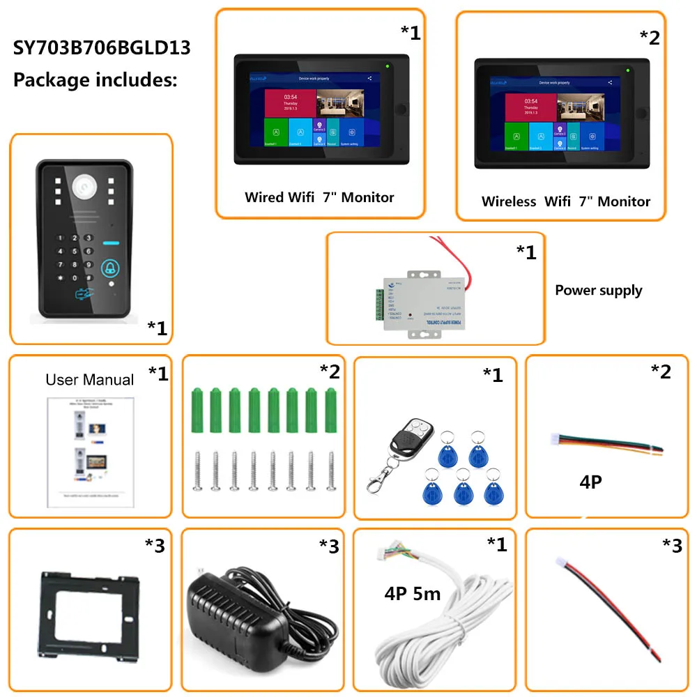 7 дюймов 2 монитора беспроводной Wifi RFID пароль видео телефон двери дверной звонок Домофон Система с проводным IR-CUT 1080P Проводная камера