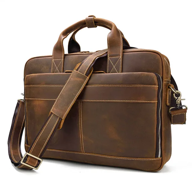 Мужской кожаный портфель crazy horse из коровьей кожи, кожаный объемный портфель для ноутбука, прочная дорожная сумка из воловьей кожи, повседневная сумка для выходных - Цвет: brown2