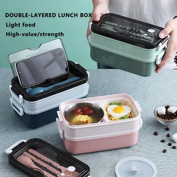 

Lunch Box Bento Box for Student Office Worker Double-layer Microwave Heating Lunch Container Food Storage With Spoons Chopsticks