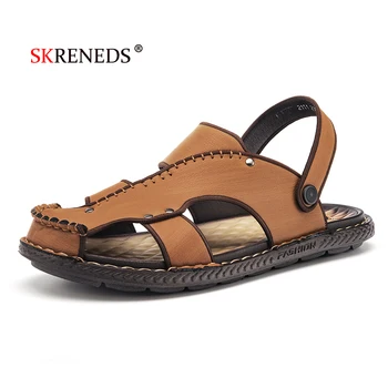 

SKRENEDSSummer Sandals Men Breathable High Quality Genuine Leather Sandals Man Flats Plus Size Fashion Casual Beach Men's Shoes