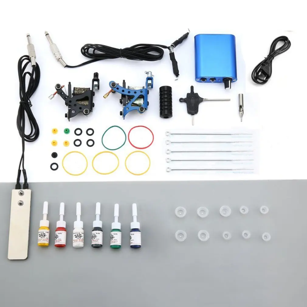 

Tattoo Complete Tattoo Kits 2 Machine Gun Beginner Tattoo Set 6 Inks Needle Grips Foot Petal Power Supply