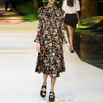 

AELESEEN Bohemian Spring Women Dress 2020 Runway FashionLong Sleeve Flower Print Ruffles Elegant Holiday Party Dress Vestidos