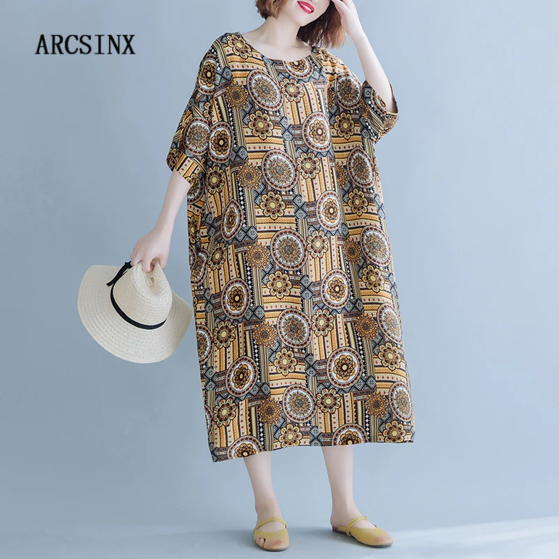 Осеннее женское платье ARCSINX большого размера 4XL 5XL 6XL 7XL 8XL 9XL с принтом, желтое платье, женские Геометрические готические платья для женщин