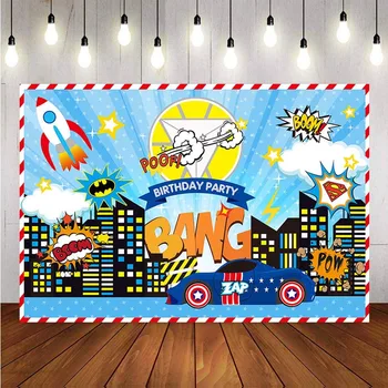 

Photography Backdrop Super Hero Theme Boom Birthday Party Boys Night Stars Cloud Buildings Pow Background Photo Studio Backdrop