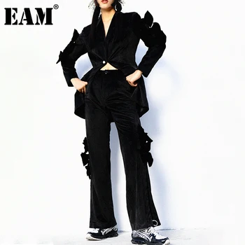 

[EAM] High Waist Black Corduroy Bow Split Long Wide Leg Trousers New Loose Fit Pants Women Fashion Spring Autumn 2020 1DC641