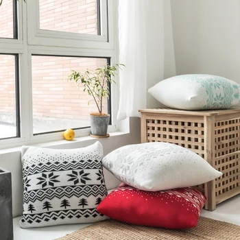 

Soft Cotton Knit Cushion Cover Snow Flake Blue Grey Black Red Solid Pillow Case 45cm*45cm Christmas Decoration Zip Open