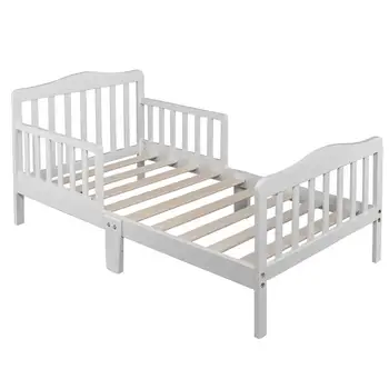 

Wooden Baby Toddler Bed Children Bedroom Furniture with Safety Guardrails White