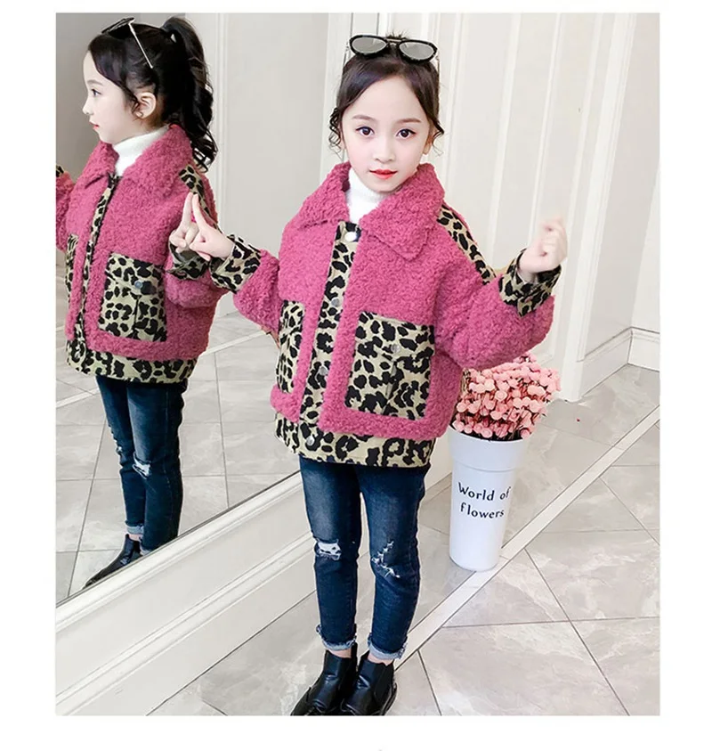 COOTELILI Warm Fur Kids Girls Coat Fashion Patchwork Leopard Winter Girls Jacket Children Clothes Thicken Fur Coat Pink Brown (6)