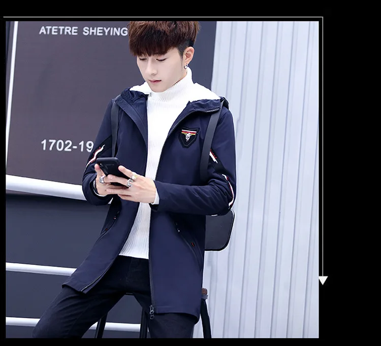 Men Medium-length New Style plus Velvet Jacket Korean-style Slim Fit Teenager Warm Trench Coat Tops Hat Men's