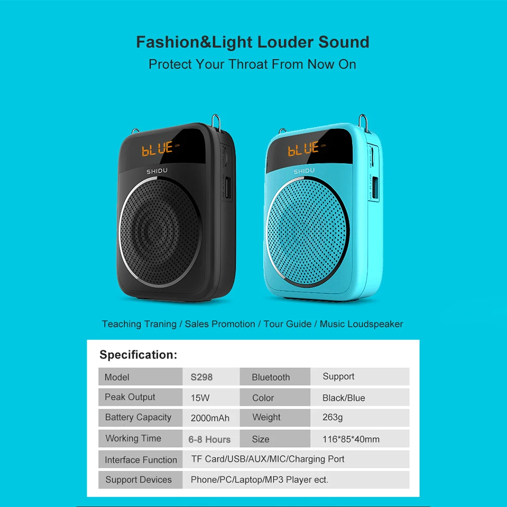 Voice Amplifier Handheld Megaphone SHIDU 15W Portable Voice Amplifier Wired Microphone FM Radio AUX Audio Recording Bluetooth Speaker Megaphone For Teachers S278
