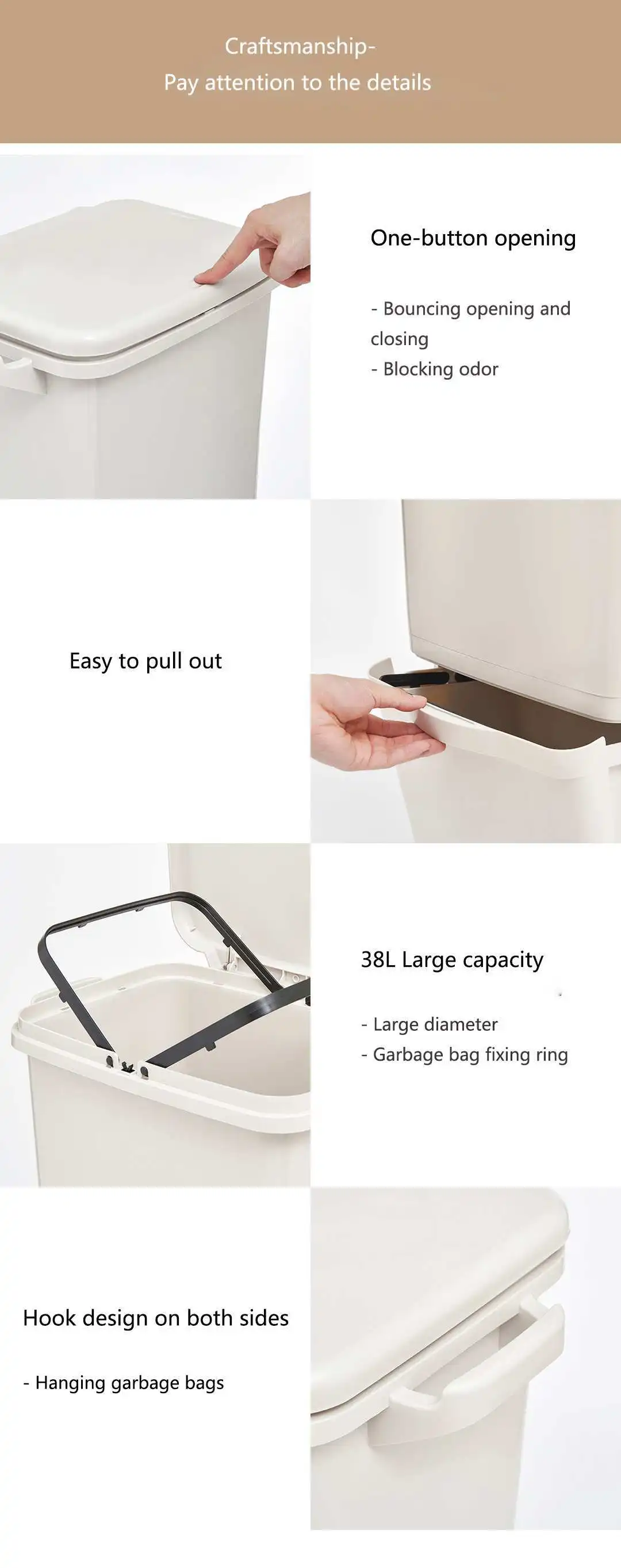 Youpin 38l пластиковая большая емкость для кухонного мусора, двухслойная крышка, секретная мусорная корзина, водонепроницаемый мешок для хранения, мешок для мусора