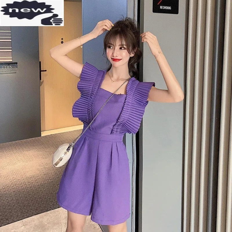 

Ladies Summer Loose Fit Wide Leg Playsuits Fashion Women One Piece Ruffles High Waist Short Jumpsuits Casual Streetwear Rompers