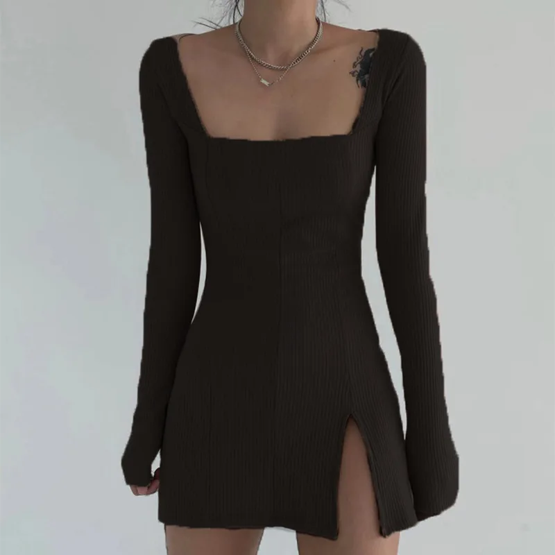 Women's Sexy Knit Bodycon Dress Gothic Square Neck Long Sleeve Mini Sweater Dress Rave Festival Clubwear Slim Dress sweater dress