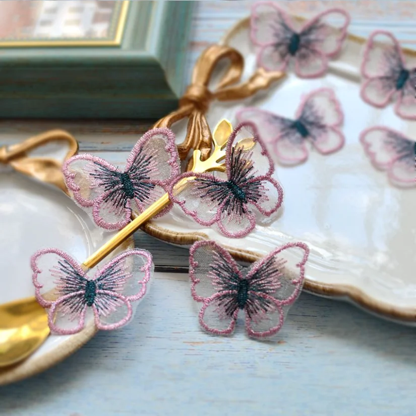 Vibrant Gold Thread Embroidered Butterfly Patches - Set of 10 in 14 Colors for Garment Embellishment