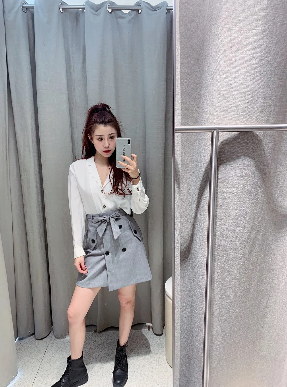 

Western Style Skirt 2019 Spring Clothing New Style Lace-up Bow Belt A- line Double Breasted Grid Short Skirt
