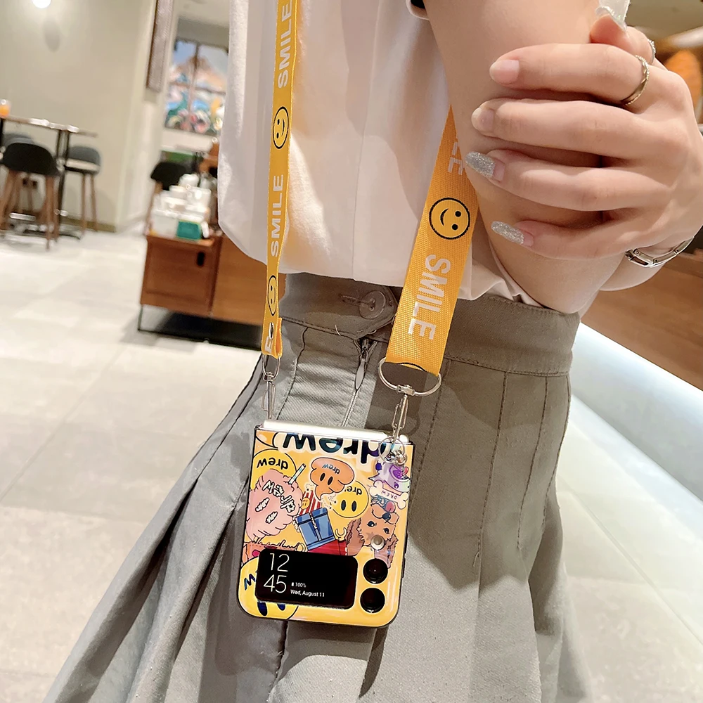 Cute Smiley Cartoon Bracelet Phone Cases For Samsung Galaxy Z Flip 5G Hand Chain Clear ZFlip 3 Z Flip 3 5G Cover Fundas Para samsung silicone cover