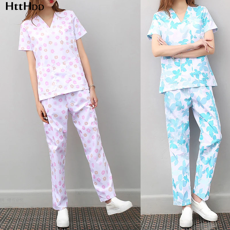 

New printed beauty salon short-sleeved shirt suit shirt shirt ladies work clothes health care clothing frosted ladies clothes