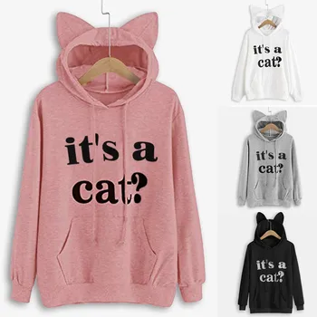 

Women's Long Sleeve Pockets Slogan Letter Print Cute Cat Ear Pullover Hoodie K1018