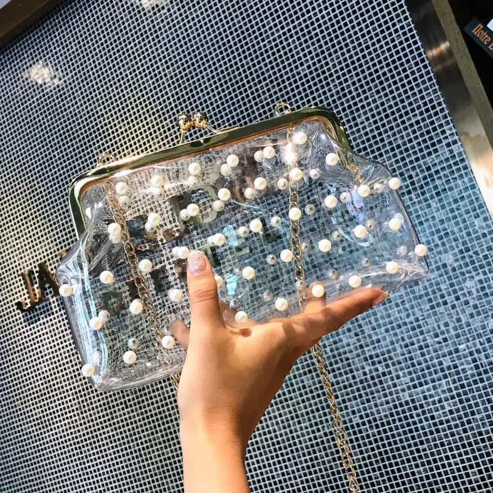 

New Fashion Shoulder Bag Plastic Handbag Package Transparent Diagonal Package with Beading bolsa feminina