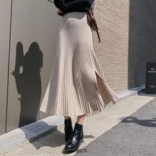 Вязаный свитер плиссированная юбка для женщин Корейский элегантный офис Бохо Сплит средней длины ребристые юбки 4 цвета минималистичный консервативный стиль