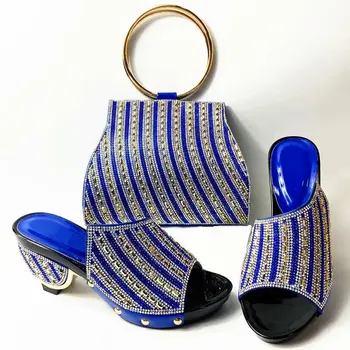 

Graceful Royal Blue Party Set African High Heel Slipper Shoes And Purse Bag Set With Rhinestones ASB5 Heel Height 7CM