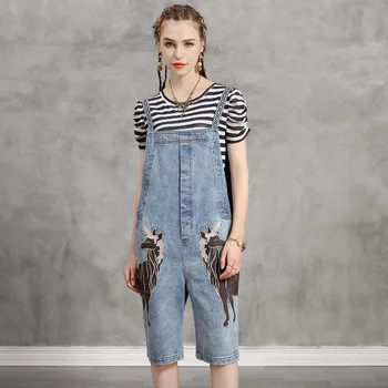 

Original designer summer 2020 new casual denim plus size overalls retro embroidery cartoon features seven-point jumpsuit
