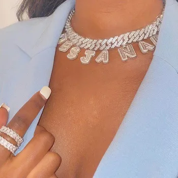 

12mm Bagnette Zircon Miami Cuban Link letter Necklace Gold Silver Color With DIY Letters CZ Cuban Choker Joining Together Chain