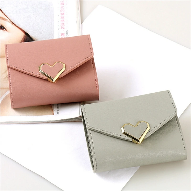 Candy Color Fashion Women Coin Purse Leather Solid Color Vintage Short Wallet Heart Hasp Ladies Girls Card Holder Clutch Bag