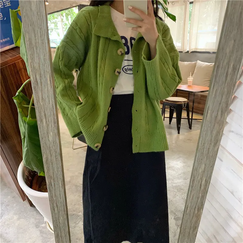 

Alien Kitty Lazy Style Brief Warm Sweet Students Soft Loose Single-Breasted Solid Casual Cardigans Knitted All Match Sweaters