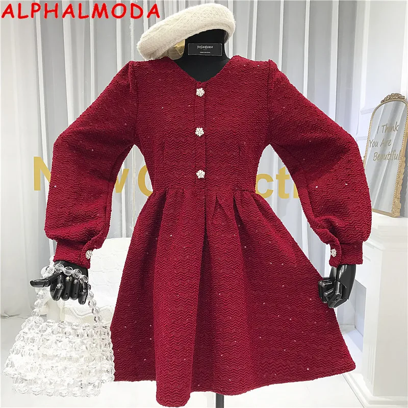 Женское блестящее платье ALPHALMODA с V образным вырезом высокой талией и длинными