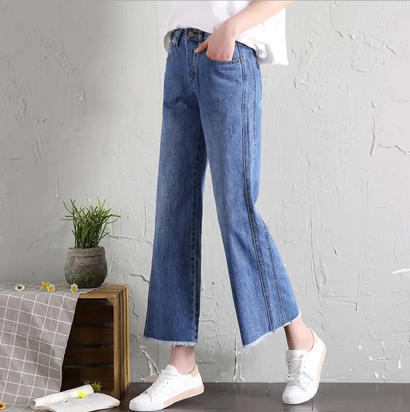 Blue Women Wide Leg Loose Denim Blue Jeans Pant Female Long Trousers High Waist Chic Female Pants Mom Jeans Korean Style Stretch - Color: Blue
