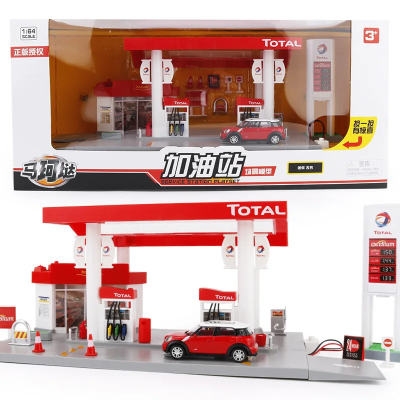 

Children Toy with Sound And Light Gas Station Road Signs Scene Furnishings Model with Car Tank Car Model Toy