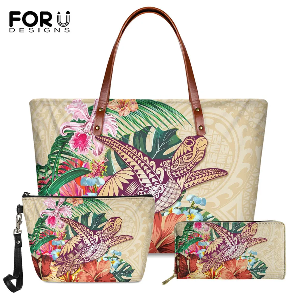 

FORUDESIGNS Hawaiian Turtle Polynesian Tribal Hibiscus Design Brand Deisng Fashion Women Large Handbag Long PU Purse Bolsa Femme