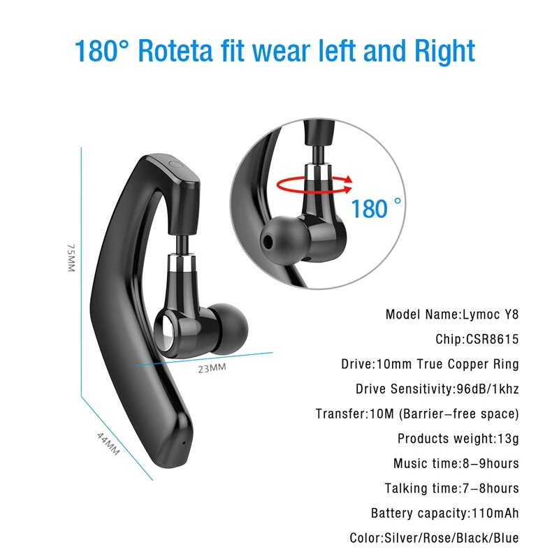 Lymoc Upgrade Y8 Bluetooth Earphone Handsfree Ear Hook Wireless Headsets V4 2 Noise Cancelling HD Mic Music for iPhone Huawei