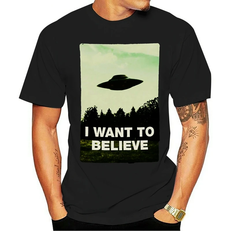 

I Want To Believe Men Black T-Shirt X Files Tee Ufo Alien Shirt Classic Custom Design Tee Shirt